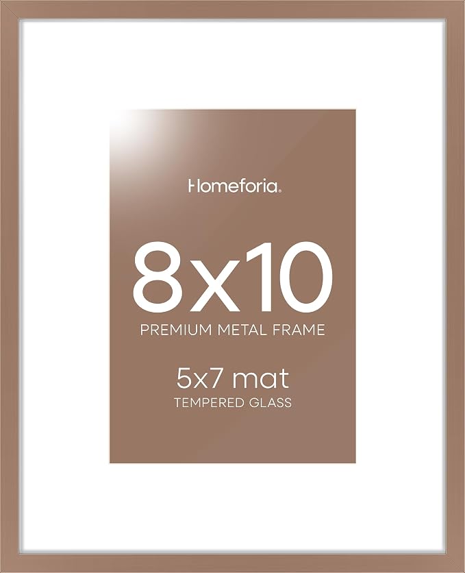 Homeforia Mocha Picture Frames 8x10, High End Metal 8 x 10 Photo Frame with Mat 5 by 7 Art, 10x8 Mocha Frame Matted to 5x7 inch Print, 8by10 Wall or Tabletop Frames, Tempered Glass, Wall Kit, Set of 2