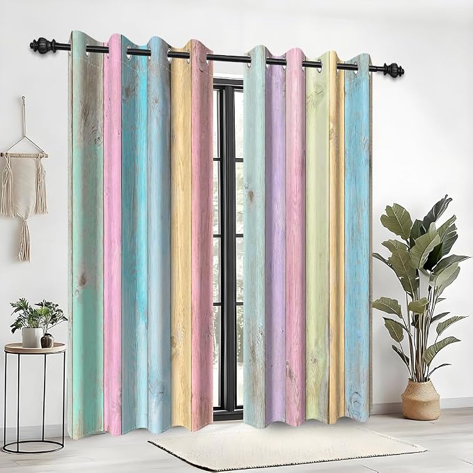 Colorful Wooden Planks Kitchen Curtains Vintage Farm Style Rustic Wood Barn Door Window Curtains Wood Boards Room Darkening Window Drapes for Living Room Bedroom Decor,53x84 inch,2 Panels