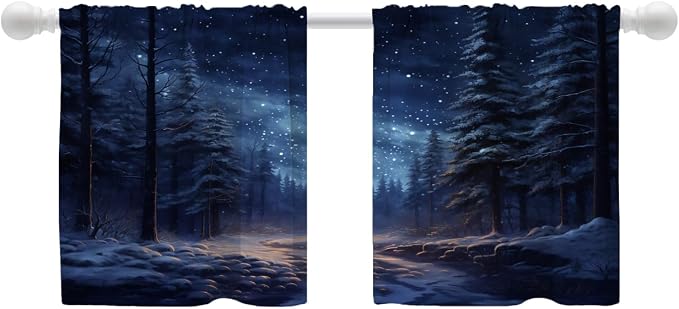 Shrahala Winter New Year Blackout Curtain Tiers, Stars Forests Snow Night Kitchen Valance Light Blocking Tier Drapes with Rod Pocket, 2 Pack 26 X 24 in