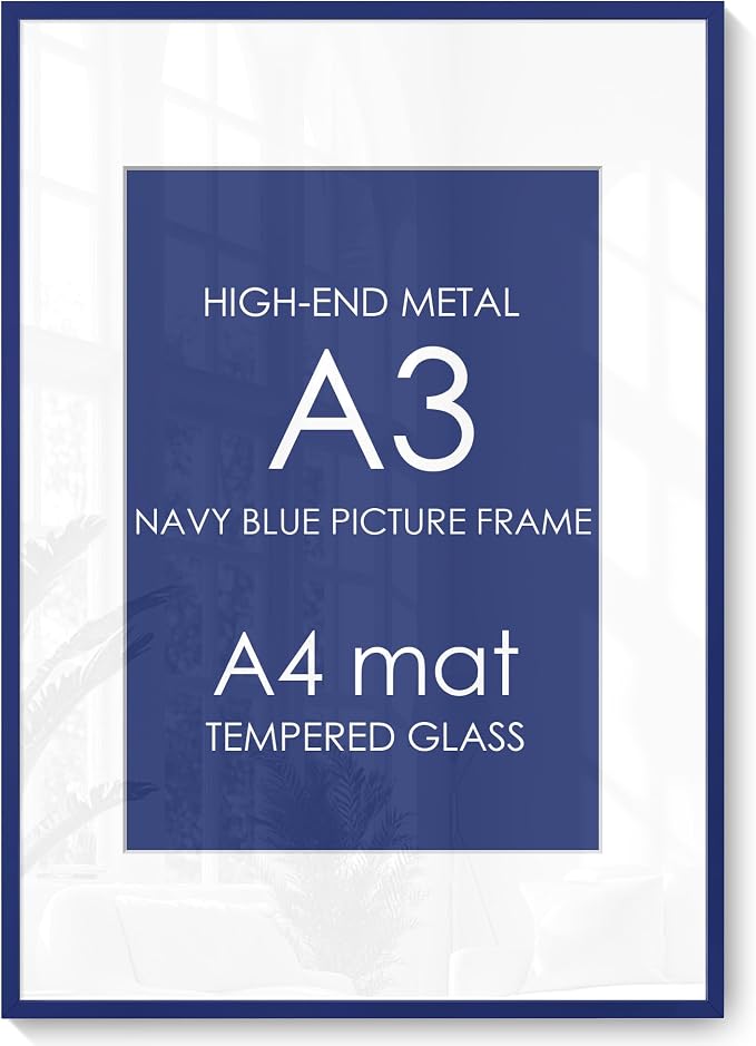 A3 Picture Frame 11.7x16.5 for A4 8.3x11.7 Photo, Aluminum Frame, Navy Blue | Sleek Metal Frame for Wall, Desk & Gift | Beveled Glass & Hardware, Minimalist