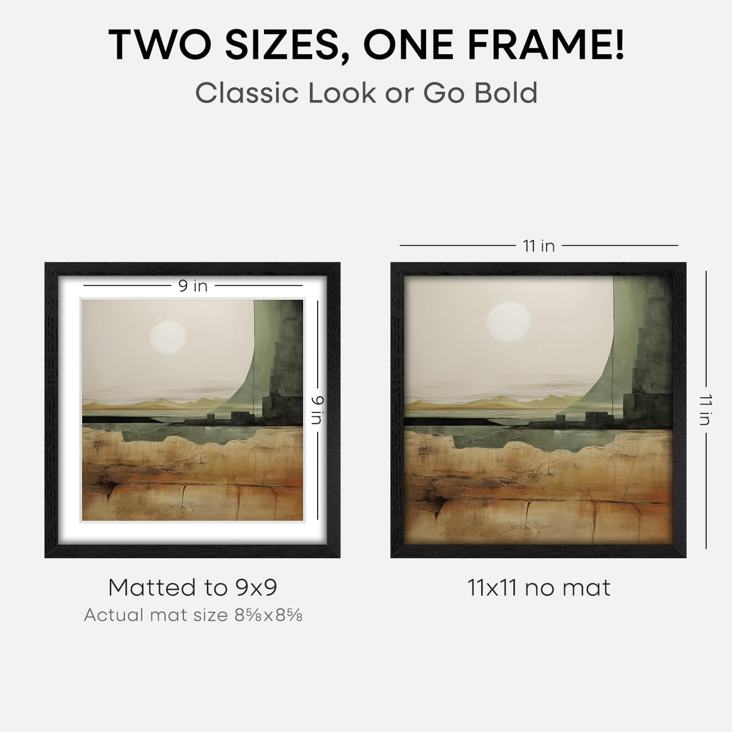 Homeforia 11x11 Black Wood Frame, High-End Oak 11 x 11 Square Picture Frames with Mat 9 by 9 inch Photo, 11by11 Wooden Frame Matted to 9x9 Art, Wall Hanging Frames, Tempered Glass, Wall Kit, Set of 1