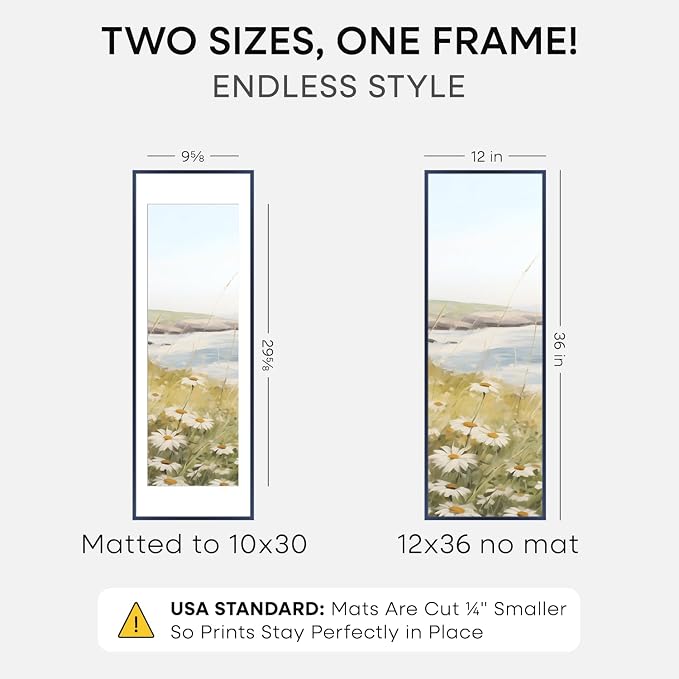 Homeforia 12x36 Navy Blue Picture Frame, High End Metal 12by36 Poster Frames with Mat 10x30 Photo, 12 x 36 Navy Blue Frames Matted to 10 x 30, 36x12 Panoramic Frame, Tempered Glass, Wall Kit, Set of 1