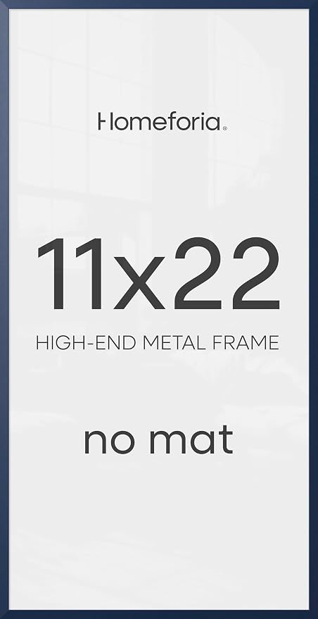 Homeforia 11x22 Newspaper Frame Navy Blue, High End Metal 11 x 22 Picture Frame without Mat, 22x11 Thin Navy Blue Poster Frames for Wall, 11by22 Display Photo Frame, Tempered Glass, Wall Kit, Set of 2