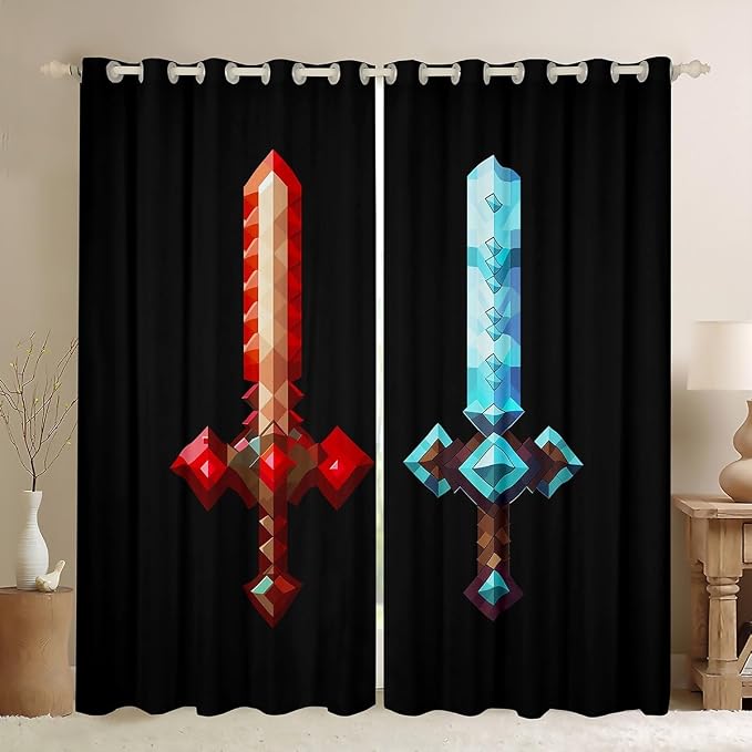 Castle Fairy Red Blue Sword Window Curtain,Sandbox Building Games Living Room Decor Curtains,Boys Teens Pixelated Style Swords Window Treatment Fashion Black Blackout Drapes 2 Panels,52Wx63L
