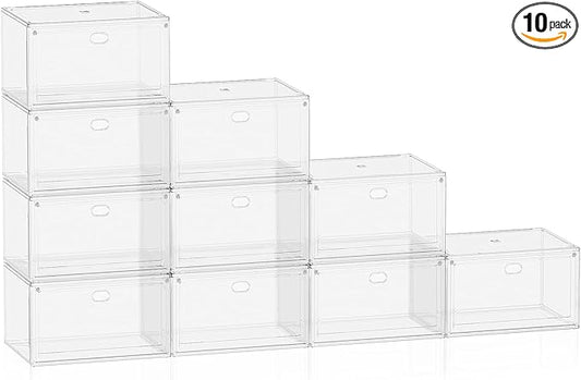 10-Pack X-Large Shoe Storage Boxes, Modular Space-Saving Shoe Organizers, Clear Plastic Stackable Sneaker Display Cases with Lids (Clear Color) (X-Large)