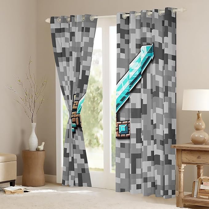 Castle Fairy Cartoon Sword Window Curtain,Pixelated Themed Games Bedroom Decor Curtains,Blue Sandbox Block Window Treatment Kids Boys Teens Grey Check Camo Blackout Drapes 2 Panels,52Wx96L