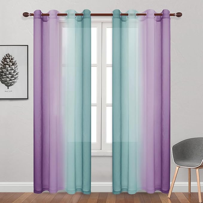 DWCN Ombre Sheer Curtains - Faux Linen Semi Voile Grommet Top Gradient Curtains for Bedroom and Living Room, Set of 2 Window Curtain Panels, 52 x 84 Inch Length（Teal and Purple