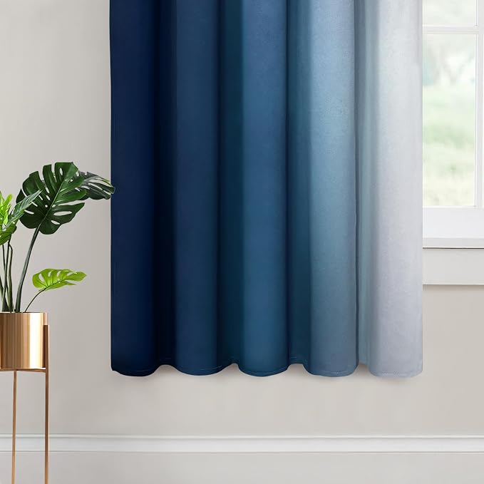 Yakamok Ombre Curtains Blue and Greyish White for Living Room,62Wx63L | Room Darkening Curtains 63,Thermal Insulated Gradient Color Drape,Light Blocking Grommet Window Curtains for Bedroom,2 Panels
