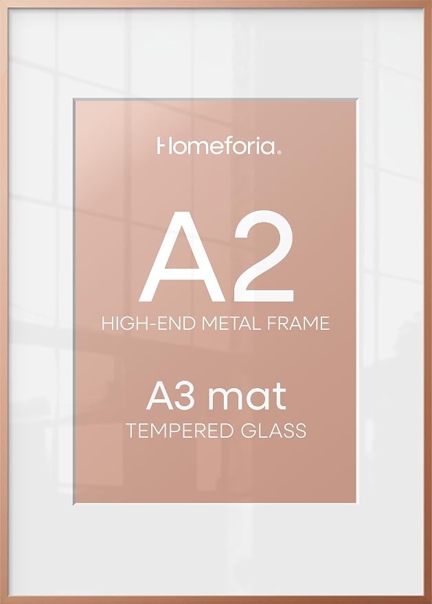 Homeforia A2 Poster Frame Rose Gold, High End Metal A2 Picture Frame Rose Gold with Mat A3 for Print, 16.5x23.4 Frame Matted to 11.7x16.5 Photo, 16.5 by 23.5 Frames, Tempered Glass, Wall Kit, Set of 1