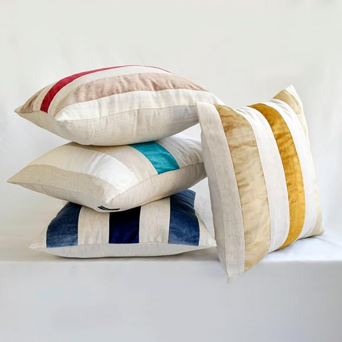 The HomeCentric Decorative Pillow Cover, Grey Pack of 2, 18"x18" (45x45 cm) Throw Pillows, Velvet Patchwork Throw Pillows for Couch, Striped Modern Style Easter - Velvet Band Grey