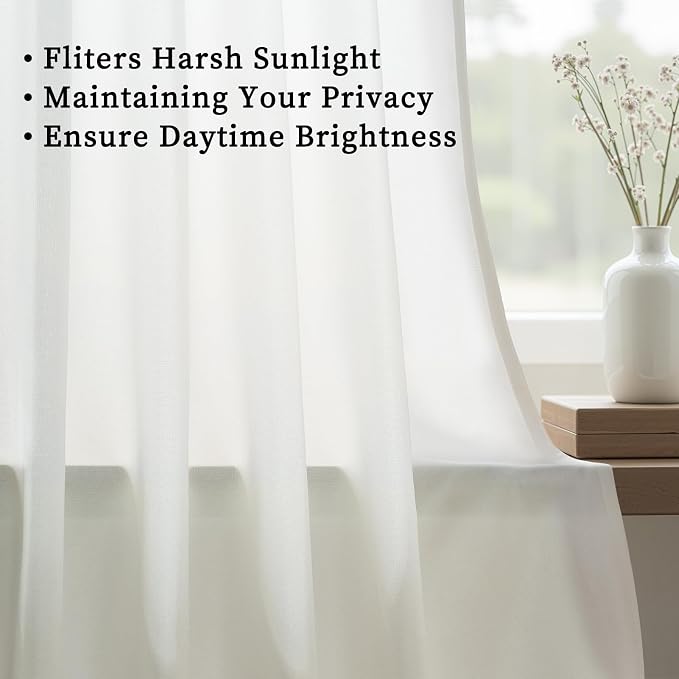 102 Inches Long Beige White Pinch Pleated Sheer Curtains with Hooks,Back Tab Semi Transparentes Light Filtering Linen Cotton Blend Minimalist/Scandinavian Style Drapes Curtains,40" Wx102 L