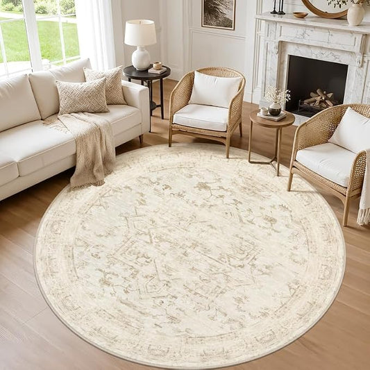 Round Area Rug for Living Room: 6ft Vintage Boho Neutral Washable Circle Rug Soft Large Circular Carpet for Bedroom Nursery Farmhouse Dining Room Office Floor Non-Slip Low Pile Under Table Beige/Brown