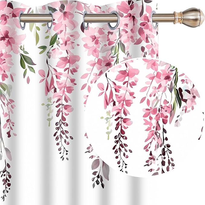Pink Watercolor Floral Curtains, 52x84 inch, 2 Panels | Botanical Leaves Vine Flowers, Rustic Farmhouse, Blackout Window Treatment, For Bedroom Living Room