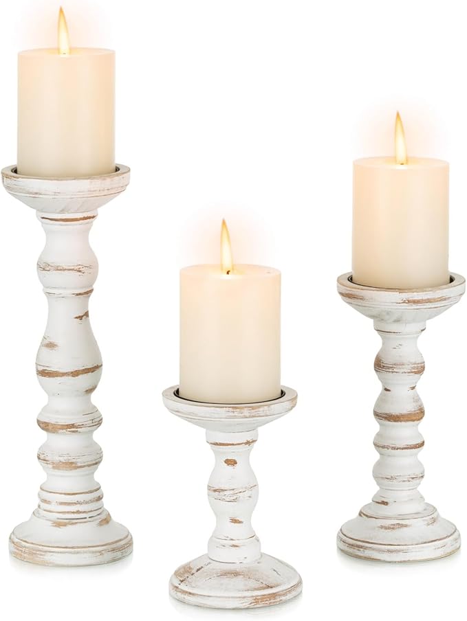 Candeldo Wood Candle Holders for Pillar, White Farmhouse Fireplace Decor | Set of 3, Table Centerpiece, Tall Shabby Chic Decor, Wooden Rustic Decoration for Mantle
