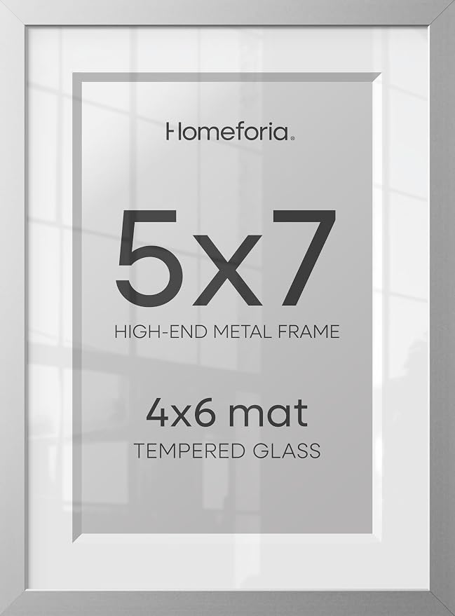 Homeforia 5x7 Picture Frame Silver, High End Metal 5 x 7 Silver Frames with Mat 4 x 6 Print, 5by7 Desk Frame Matted to 4x6 inch Photo, 5 by 7 Wall or Tabletop Frame, Tempered Glass, Wall Kit, Set of 3