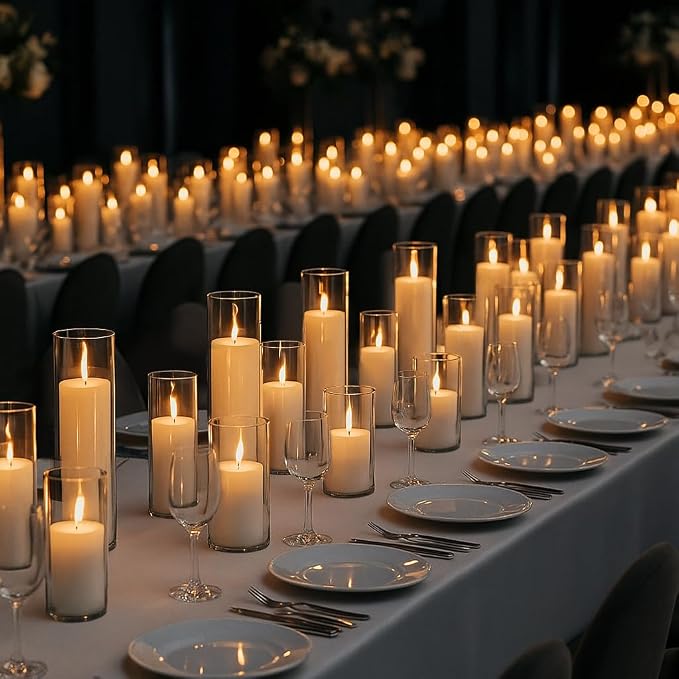 Set of 12 White Pillar Candles with Clear Glass Hurricane Holders- Elegant Cylinder Candle Vases for Weddings, Parties, Centerpieces, Home & Office Decor (White, 12 Set)