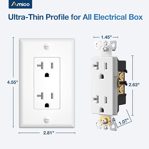 Amico Wall Outlet, 20 Amp Tamper Resistant Outlet, UL Listed, Heat Resistant Polycarbonate, Wall Plate Included, 125V/1875W, for Home, Commercial and Electricians Use, White, 1 Pack