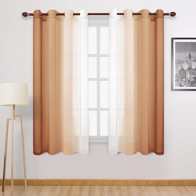 DWCN Fall Faux Linen Ombre Sheer Curtains - 63 inches Long Gradient Semi Voile Curtains for Bedroom and Living Room, Set of 2 Grommet Top Window Curtain Panels, W52 x L63 Inches, Burnt Ochre