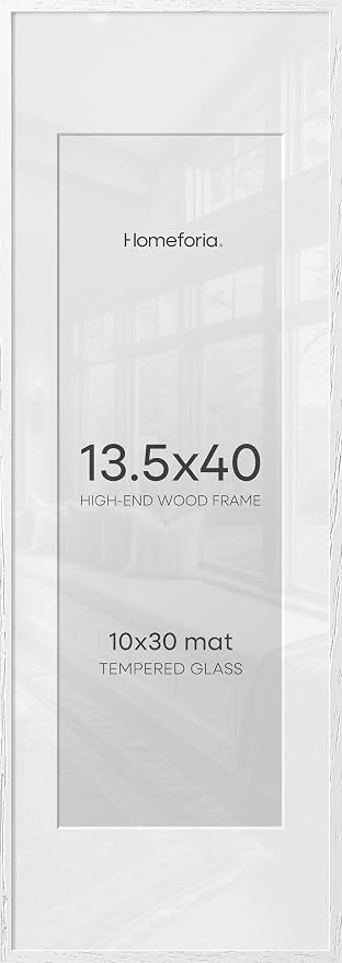 Homeforia 13.5x40 White Wood Picture Frame, High End Oak 13.5x40 Panoramic Poster Frames with Mat 10x30 Art, 13.5 x 40 Wooden Frame Matted to 10 x 30, 40x13.5 Frame, Tempered Glass, Wall Kit, Set of 2