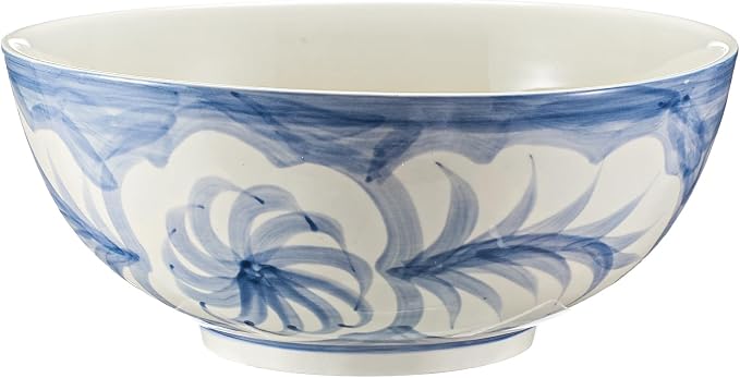 Maxdot Blue and White Bowl 12 x 6 Inch Large Hand Painted Stoneware Decorative Vase Bowl with Floral Chinoiserie Ceramic Design for Kitchen Centerpiece Home Decor