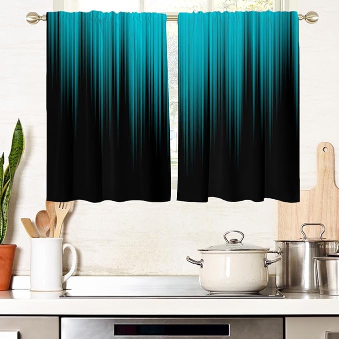 AAtter Teal and Black Kitchen Curtains, Ombre 27.5" W x 39" L, 2 Panels | Turquoise Modern Rod Pocket Bathroom Window Drapes, Dark Abstract Striped Style, Cool Anime Design, Aqua Small Short Tiers