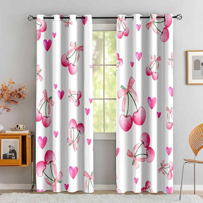 LUVIVIHOME Cute Cherry Blackout Curtains, Pink Heart Bow Curtains for Girls Bedroom Living Room, Aesthetic Bowknot Girly Preppy Coquette Room Decor, Grommet Window Drapes 2 Panel Sets, 52x84 Inch