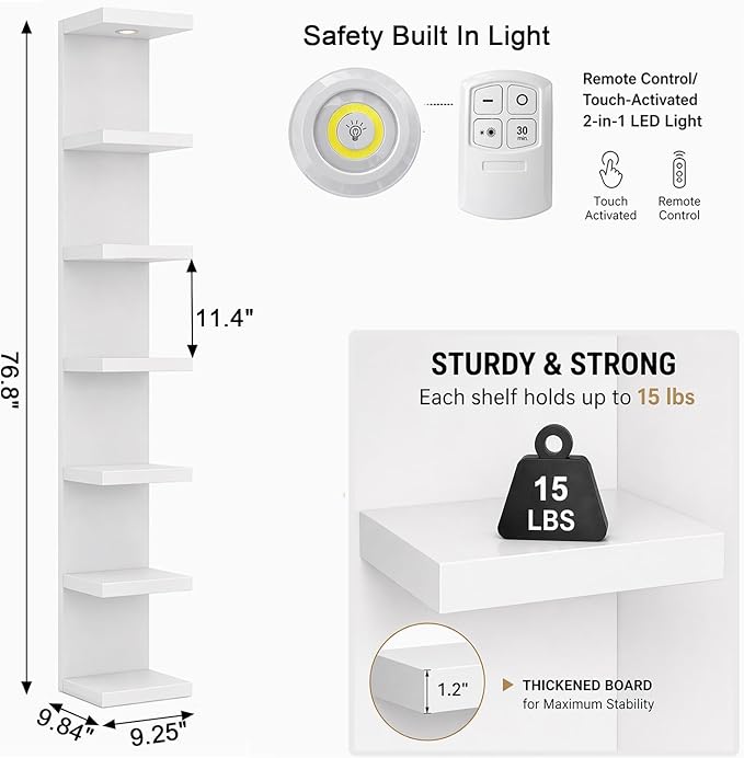 LitaEther Versatile 7 Tier Wall Shelf Unit,White Lack Wall Shelf,Display Floating Shelf with LED Remote Control Light