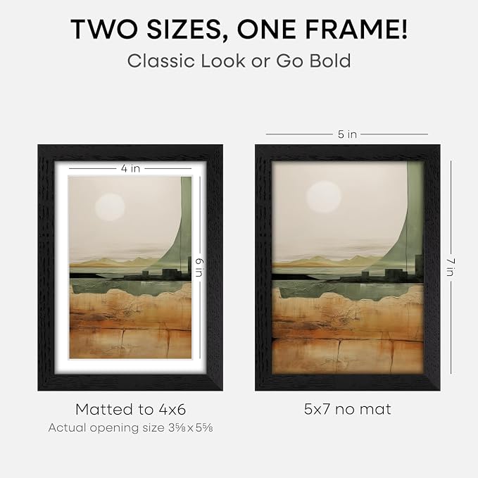 Homeforia 5x7 Picture Frame Black Wood, High End Oak 5by7 Black Wooden Frames with Mat 4x6 Print, 5 x 7 Frame Matted to 4 x 6 inch Photo, 7x5 Wall or Tabletop Frame, Tempered Glass, Wall Kit, Set of 3