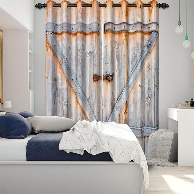 Closed Wooden Door Window Curtains Rustic Vintage Barn Door Kitchen Curtains Countryside Farmhouse Old Wood Planks Light Blocking Bedroom Drapery Treatments with Grommets,26x84 inch,2 Panels