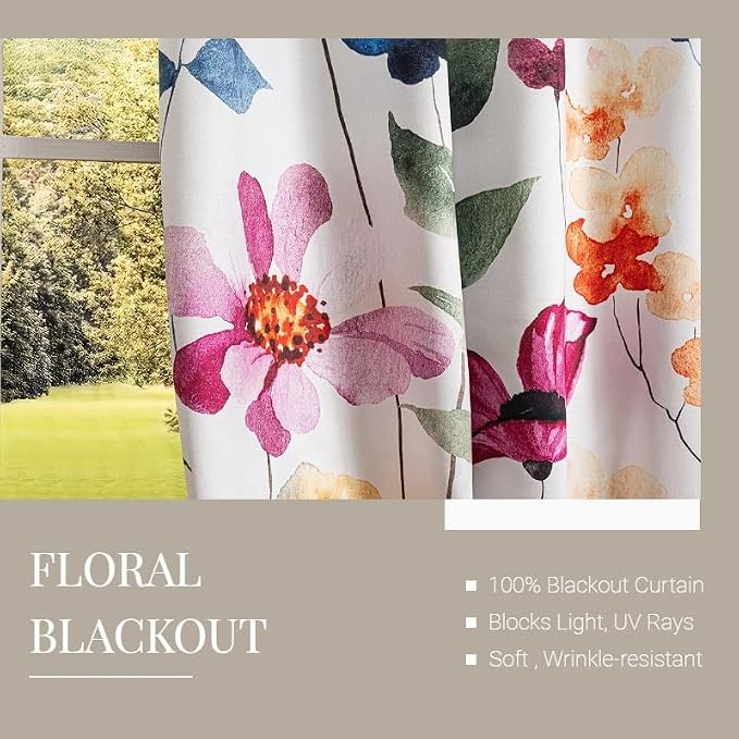 100% Blackout Floral Curtains 63 Inch Long 2 Panel 42x63, Modern Watercolor Wildflower Multicolor Flowers Plant Printing Black Out Curtain Thermal Insulated Window Drapes for Bedroom Living Room Decor