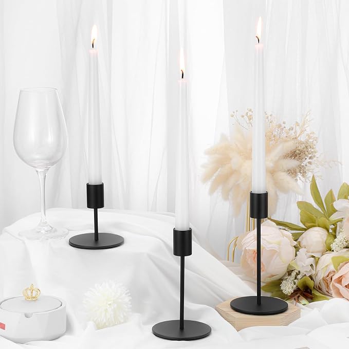 12 Set Candle Holders Bulk with 10'' Dripless Taper Candles 3.3'' 5.5'' 6.3'' Metal Candlestick Holders Vintage Modern Decorative Table Centerpiece for Wedding Birthday Home Decor (Black)