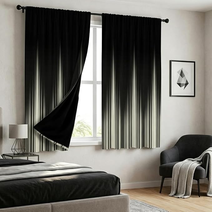 Coxila 100% Blackout Black and Beige Curtains 42x63 inch, Thermal Insulated Gothic Ombre Drapes for Bedroom, Modern Gradient Simple Stripe Pattern, Dark Gothic Men Decor, Rod Pocket Set of 2 Panels