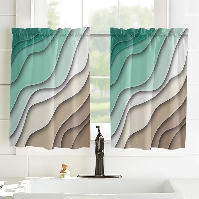 54 Inch Long Tier Curtains for Kitchen, Abstract Geometric Green Brown Gradient Waves Beach Bathroom Window Curtains Rod Pocket Short Curtains Window Treatment Tiers for Living Room 2 Panels