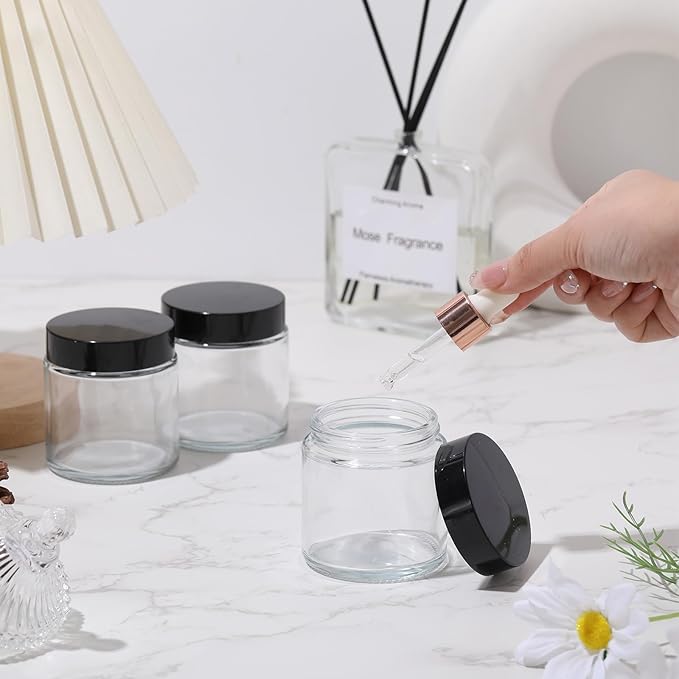 Norme 4 oz Glass Jars with Lids Leakproof Round Airtight Empty Cosmetic Jars with Inner Liners Lid for Storing Lotions Powder Ointments Making Tins(24 Pcs,Black, Clear)