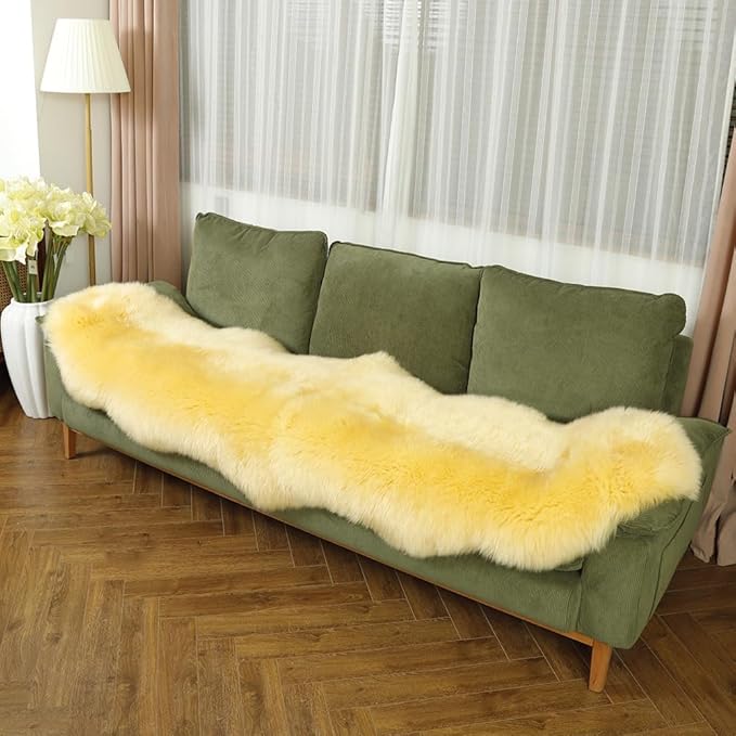 LLB Genuine Sheepskin Area Rug Wool Rug Fur Carpet Fluffy Shaggy Fur Rug for Living Room Kids Bedroom Real Sheepskin Throw Lambskin Rugs Sofa Mat Chair Seat Covers (Yellow, 2 x 6 ft Sheepskin)