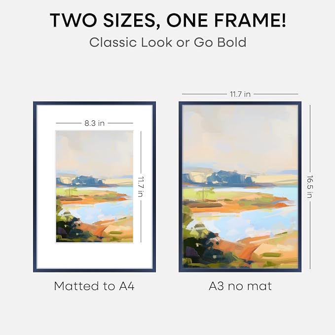 Homeforia A3 Picture Frame Navy Blue, High End Metal 11.7 x 16.5 inch Poster Frames with Mat 8.3 by 11.7 for Photo, A3 Size Frames Matted to A4 Print, 11.7x16.5 Hanging Frame, Tempered Glass, Set of 2