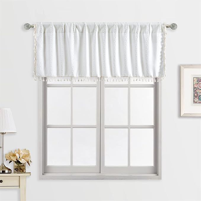 RoomTalks White Boho Kitchen Valances for Windows Rod Pocket 18’’L x 52’’W Embroidered French Striped Modern Farmhouse Chic Textured Tassel Curtain Valances for Bathroom Living Room Bohemian Decor