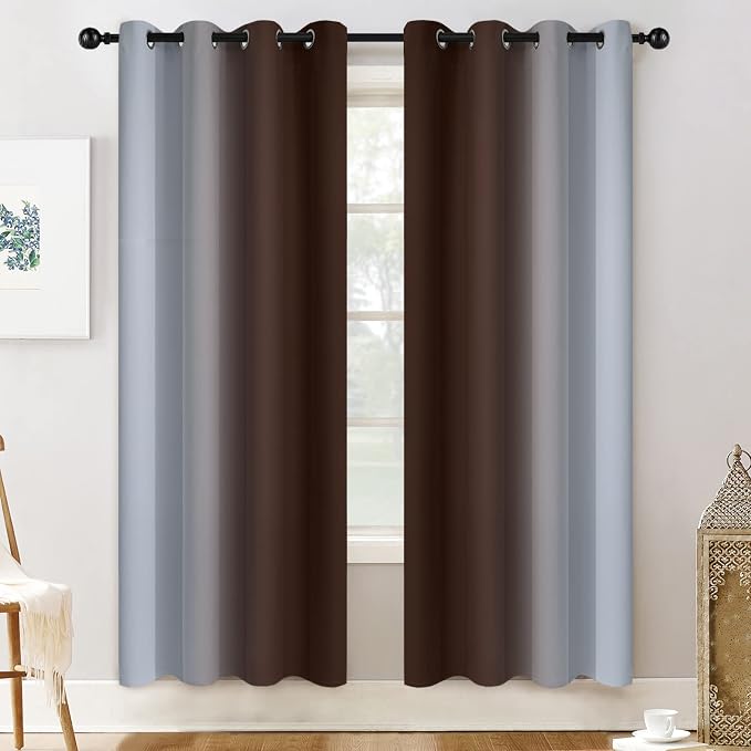 Yakamok Ombre Curtains Brown and Greyish White for Living Room,52Wx72L | Room Darkening Curtains 72,Thermal Insulated Gradient Color Drape,Light Blocking Grommet Window Curtains for Bedroom,2 Panels