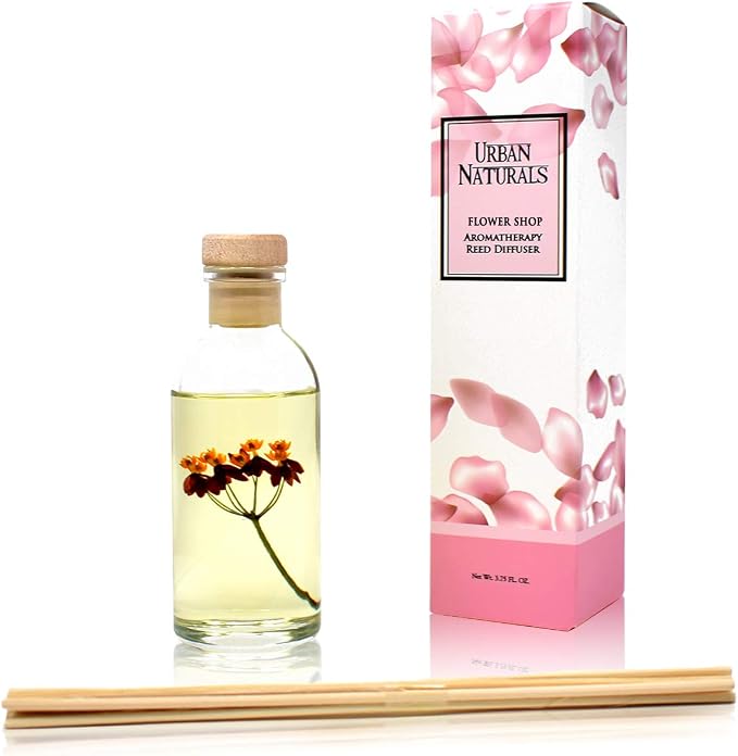 Urban Naturals Reed Diffuser Set, Flower Shop - Bathroom Shelf Décor | Violets, Daisies, Hyacinth & Rose Fragrance Notes, Real Flower inside the Bottle Made in the USA, Great Gift for Mom