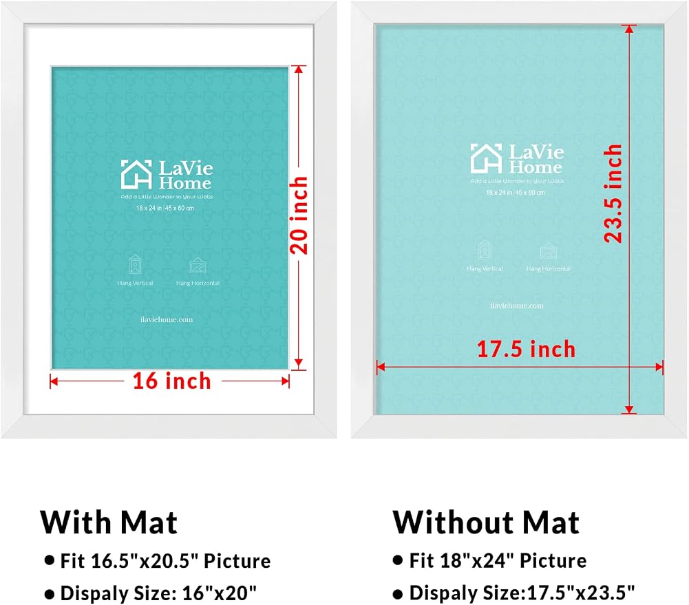 LaVie Home 18 x 24 Poster Frame White, Display Pictures 16x20 with Mat or 18x24 Without Mat, Stable and Sturdy Picture Frame and Polished Plexiglass, Horizontal and Vertical Format of The Wall（1 Pack）