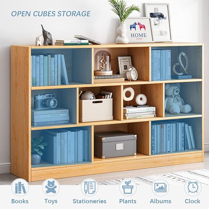 IOTXY Open Shelf Low Bookcase - Wooden 3-Tier Cube Bookshelf, Bright Blue | MDF Material, Stable Raised Base, 10 Storage Cubby Display, Horizontal Short Shelf Unit, Scandinavian Minimalist Organizer
