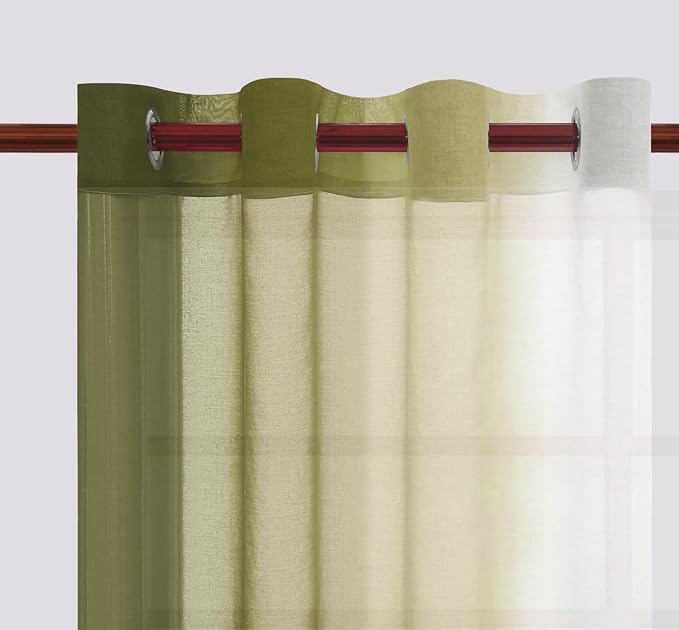 DWCN Faux Linen Ombre Sheer Curtains - Gradient Semi Voile Bedroom and Living Room Curtains, Set of 2 Grommet Top Window Curtain Panels, 52 x 84 Inches Long, Olive Green
