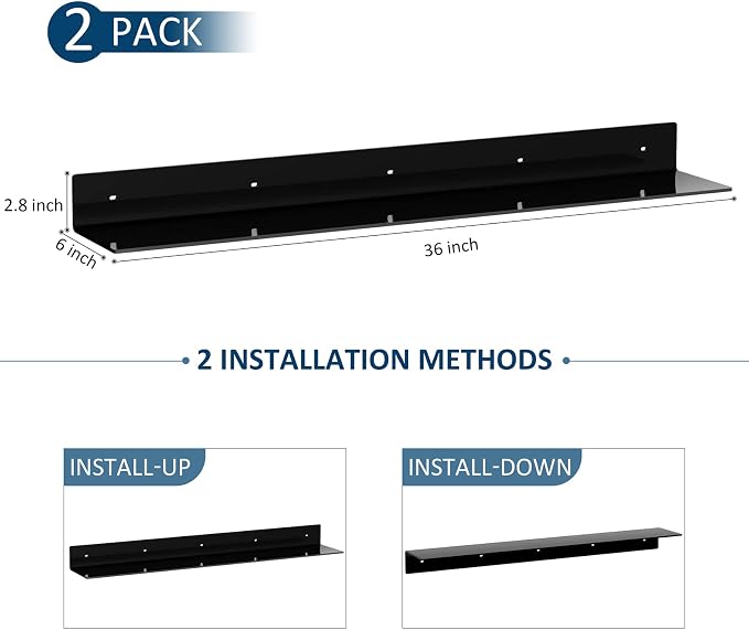 Sezanrpt 36 Inches Acrylic Wall Shelves 2 Pack, Floating Shelf for Wall Mounting, Acrylic Display Ledges for Funko Pop Figures, Home Décor, Living Room, Gaming Room, Plants(36 inch, Black)