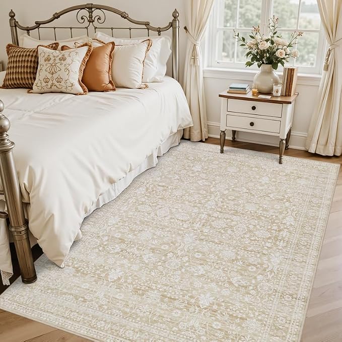 5x7 Area Rugs for Living Room: Vintage Boho Neutral Washable Rug Indoor Soft Large Area Rug Carpet for Bedroom Nursery Farmhouse Dining Room Office Floor Non-Slip Low Pile Under Table Natural Beige