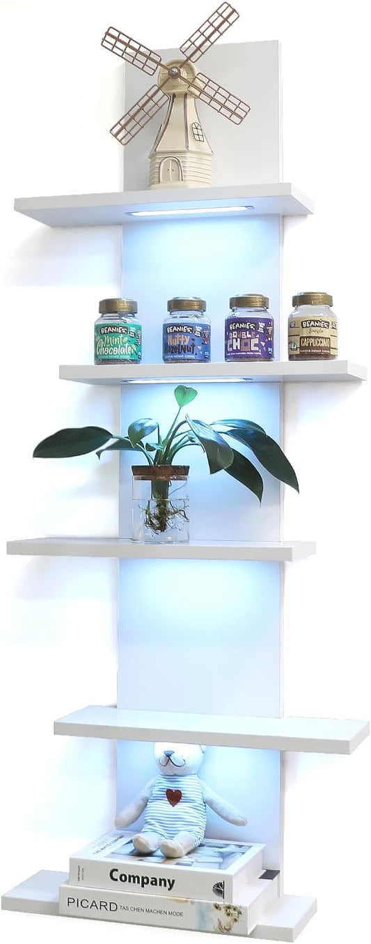 VIWODS 5 Tier Wall Shelf Unit-White Floating Shelves with Light for Home Decor, Modern Unique Asymmetric Design for Bedroom & Living Room Storage