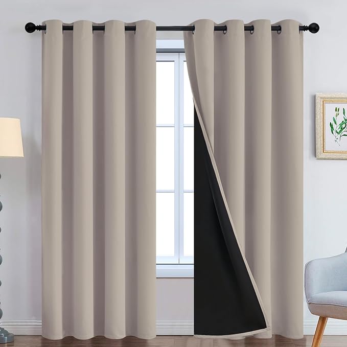Yakamok 100% Blackout Curtains 96 Inches Long, 2 Thick Layers Heat and Full Light Blocking Soft Thermal Insulated Drapes for Bedroom(52" Wide Each Panel, Natural, 2 Panels)