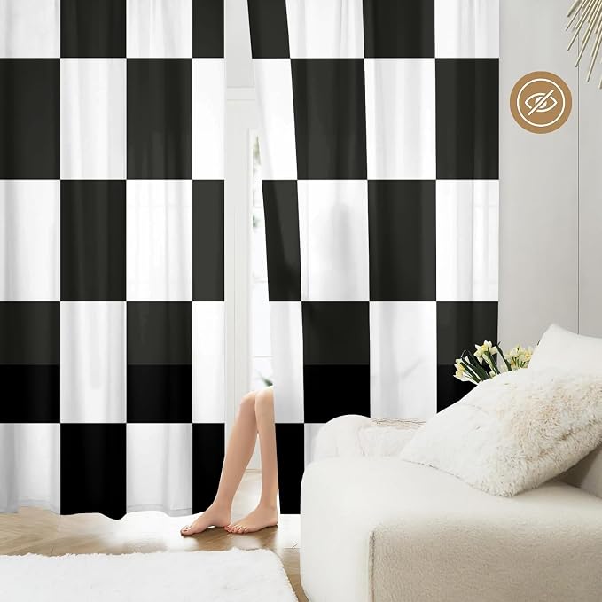 Black and White Checkered Curtains for Living Room Light Filtering Retro Plaid Curtains 63 Inch Length 2 Panels Set White Modern Geometry Drapes for Bedroom Curtains