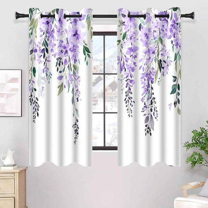 Purple Watercolor Floral Curtains, 42x63 inch, 2 Panels | Botanical Leaves Vine Flowers, Rustic Farmhouse Wisteria, Blackout Window Treatment, For Bedroom Living Room