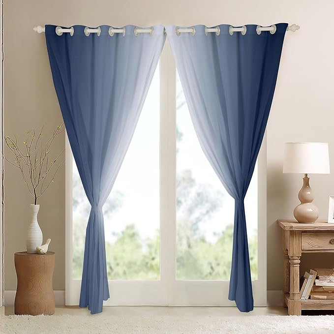 jejeloiu (2 Panels, 42 x 63 Inch Navy Blue and White Darkening Drapes Gradient Style Curtains for Bedroom for Kids Women Men Ombre Printed Blackout Curtains Geometric Window Treatments