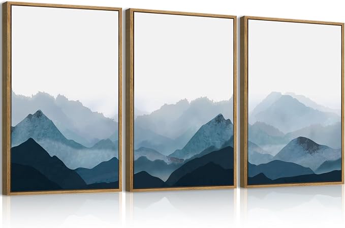 BINCUE Framed Blue Mountain Wall Decor Fog Blue Ridge Mountains Wall Art Minimalist Landscape Artwork Simple Blue Pictures Modern Mountain Wall Paintings for Living Room Bedroom Office 16x24 Inches Set of 3 Gift